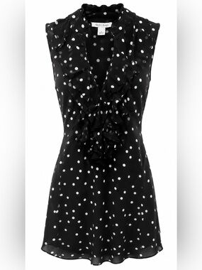 White House Black Market Black and White Polka Dot Ruffle V-Neck Mini Dress